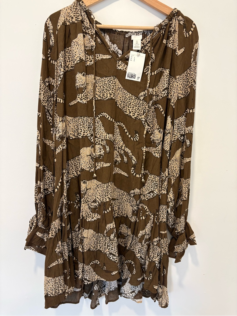 H&M Brown and Cream Leopard Print Midi Dress with Tie V-Neck